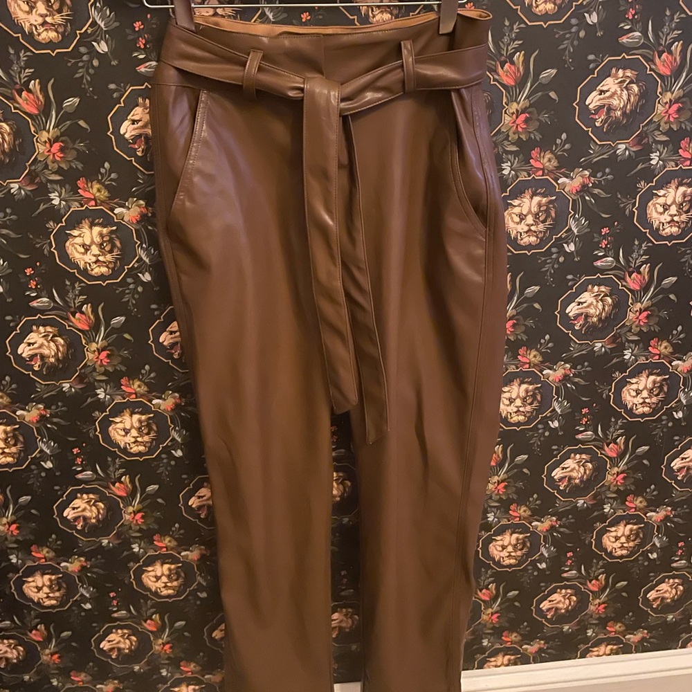 Faux leather tobacco color straight leg pant, size 4.